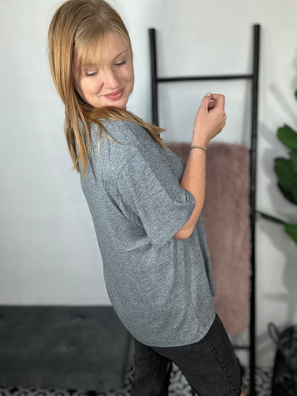 Luxe Butter Grey Short Sleeve Top