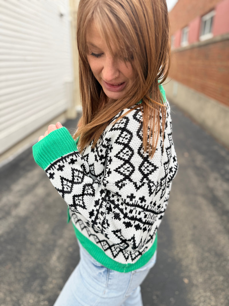 Green and Black Patterned Cardigan
