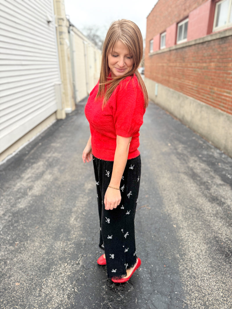 Crimson Cozy Short Sleeve Sweater Top