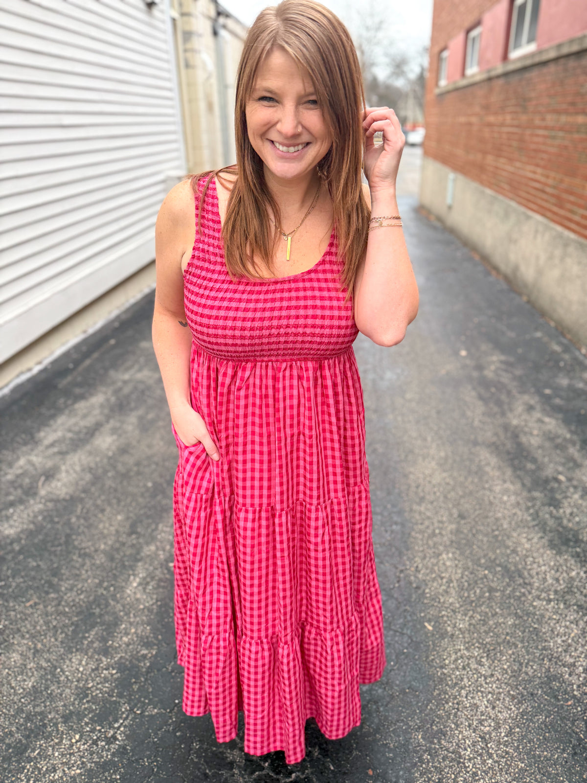 Smocked Checkered Magenta Dress