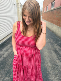 Smocked Checkered Magenta Dress