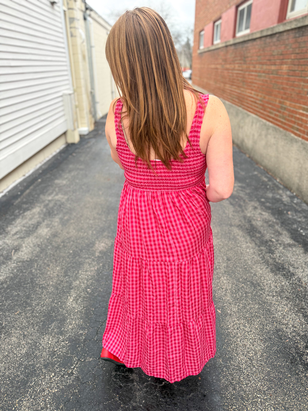 Smocked Checkered Magenta Dress