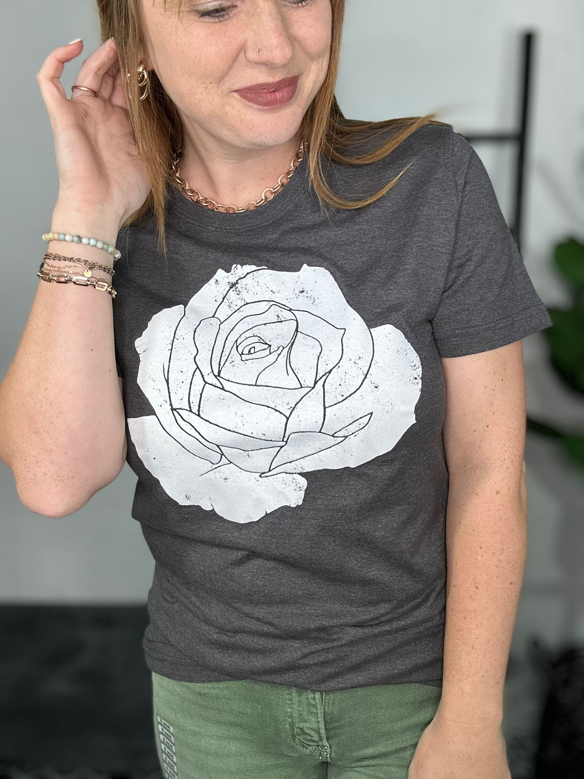 Rose Flower Graphic Tee - Charcoal