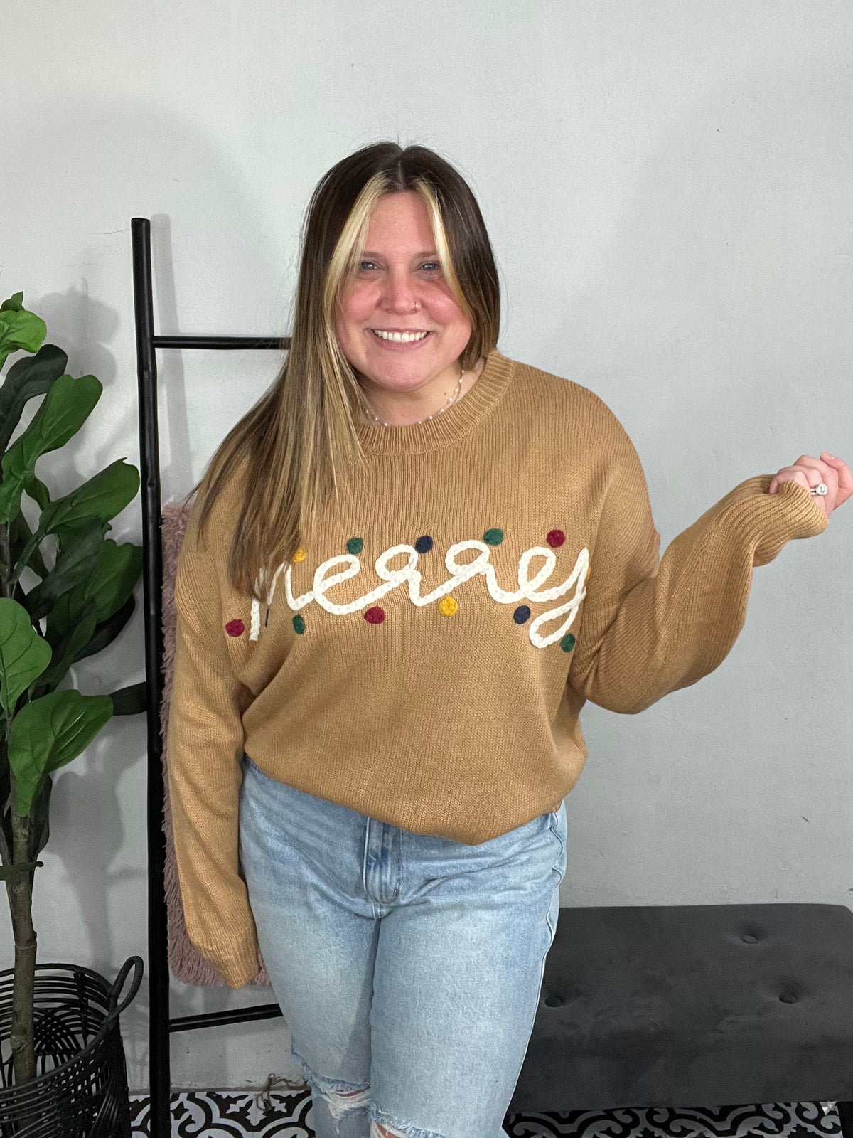 Merry Taupe Script Sweater