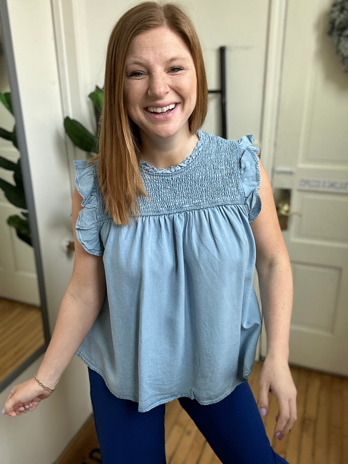 Delighted Denim Ruffle Top