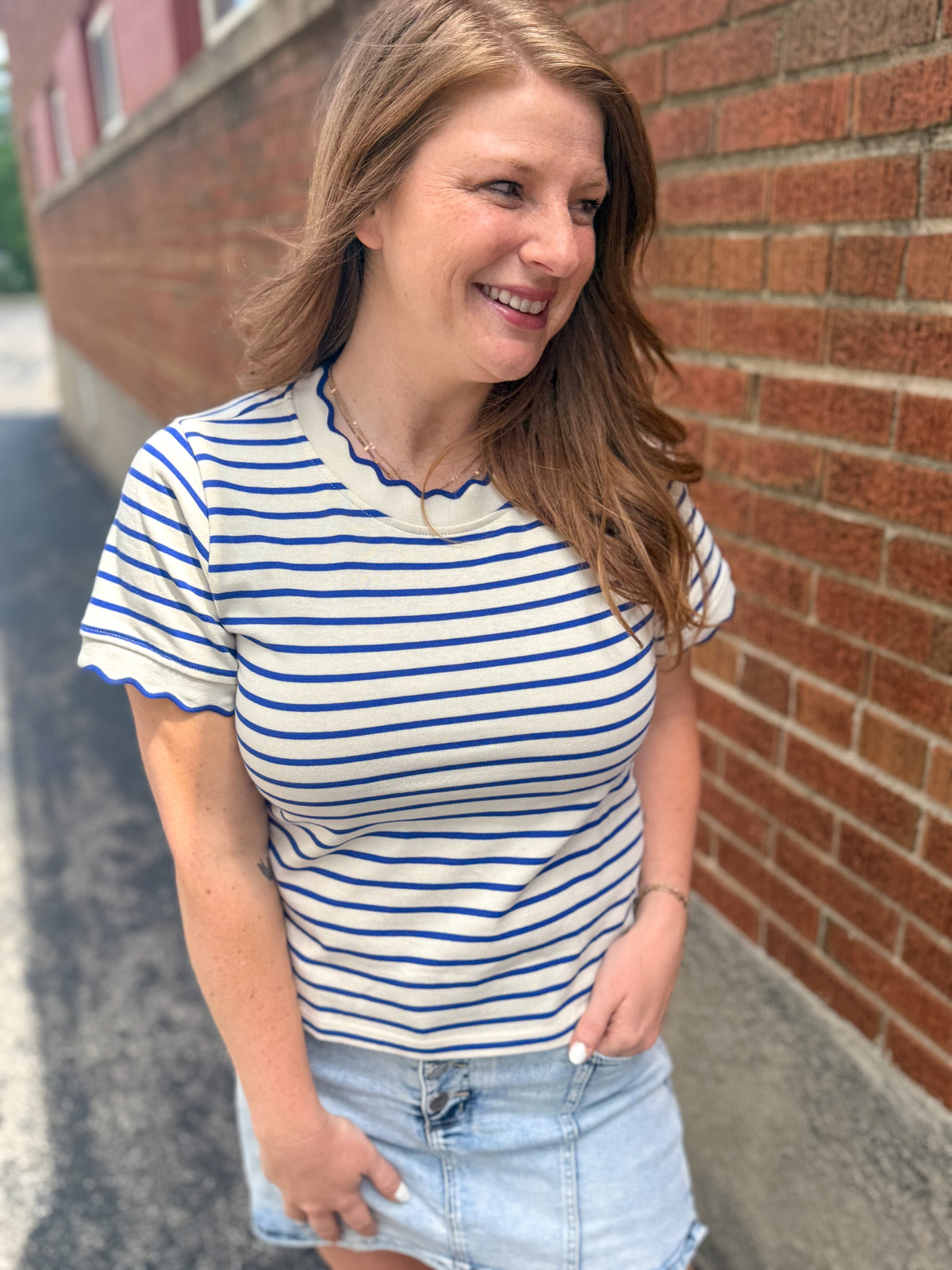 Blue Striped Ruffle Neckline Tee