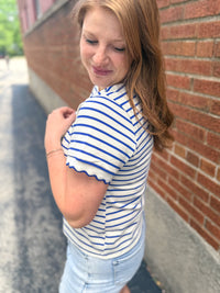 Blue Striped Ruffle Neckline Tee