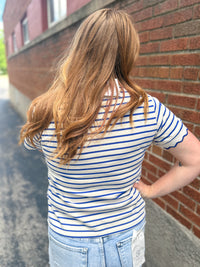 Blue Striped Ruffle Neckline Tee