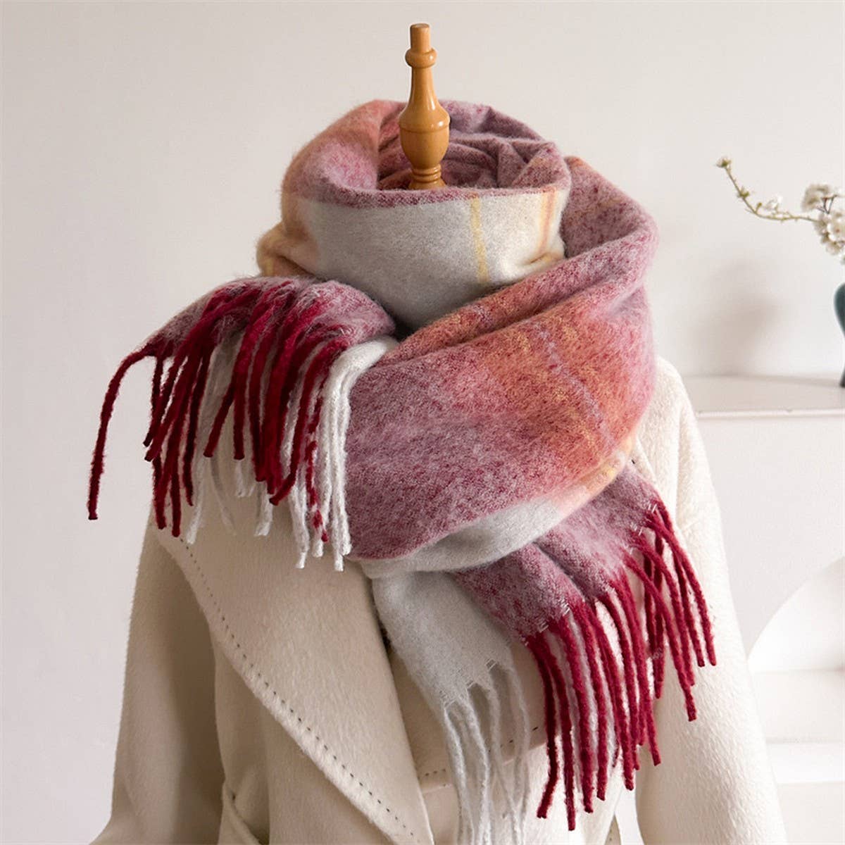Soft Pink Gradient Knit Tassel Scarf - NP
