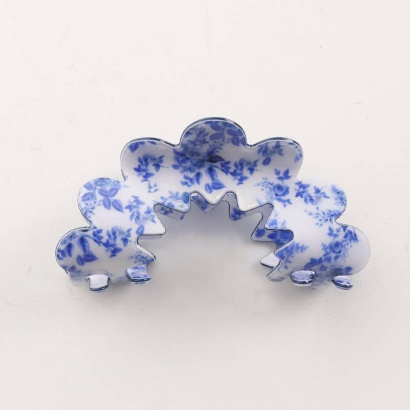 Blue Floral Half Moon Hair Claw Clip