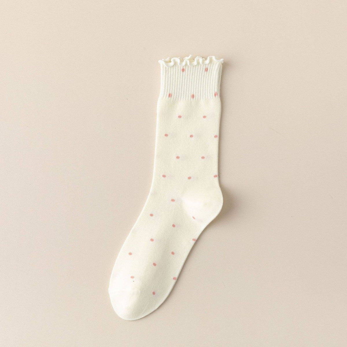 Off White Polka Dot Ruffle Crew Socks