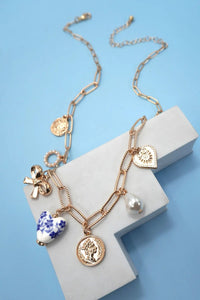 Blue Heart Multi-Charm Chain Necklace