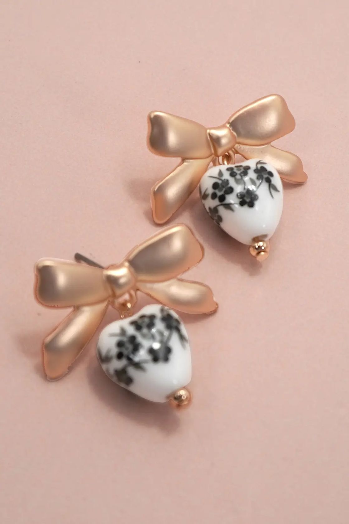 Vintage Porcelain Floral Bow Drop Earrings