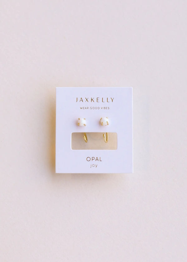 White Opal Huggie Gold Earrings