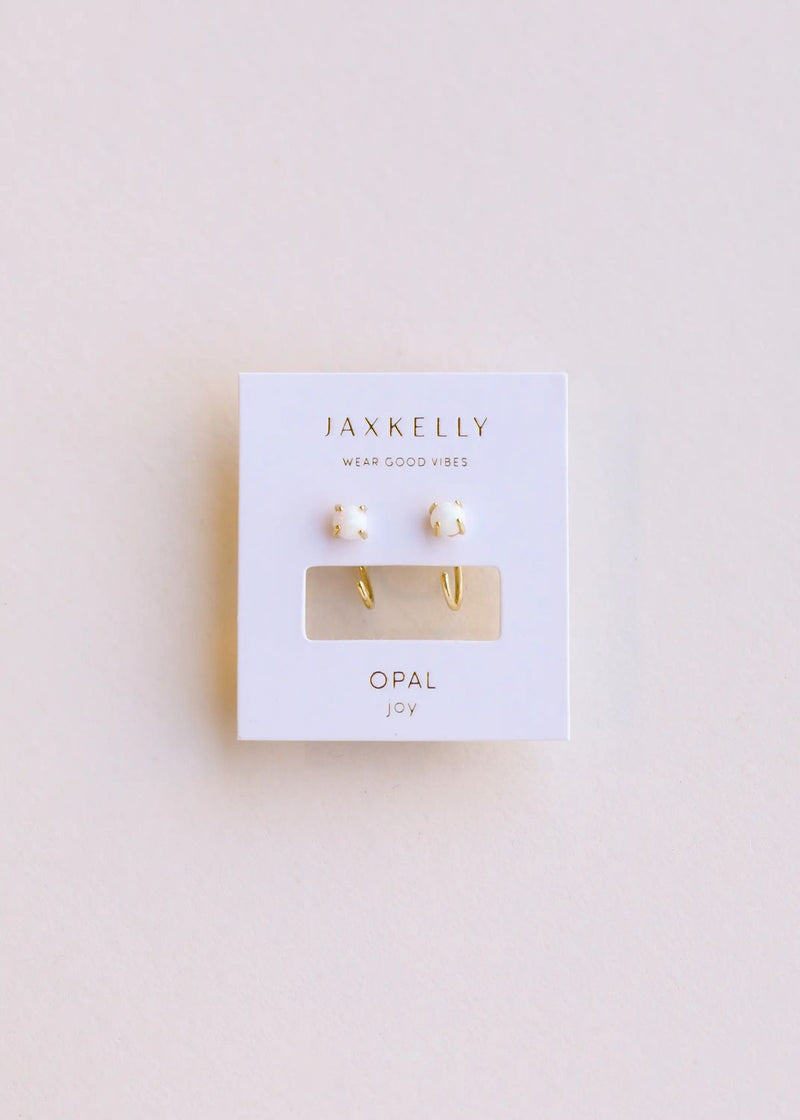 White Opal Huggie Gold Earrings