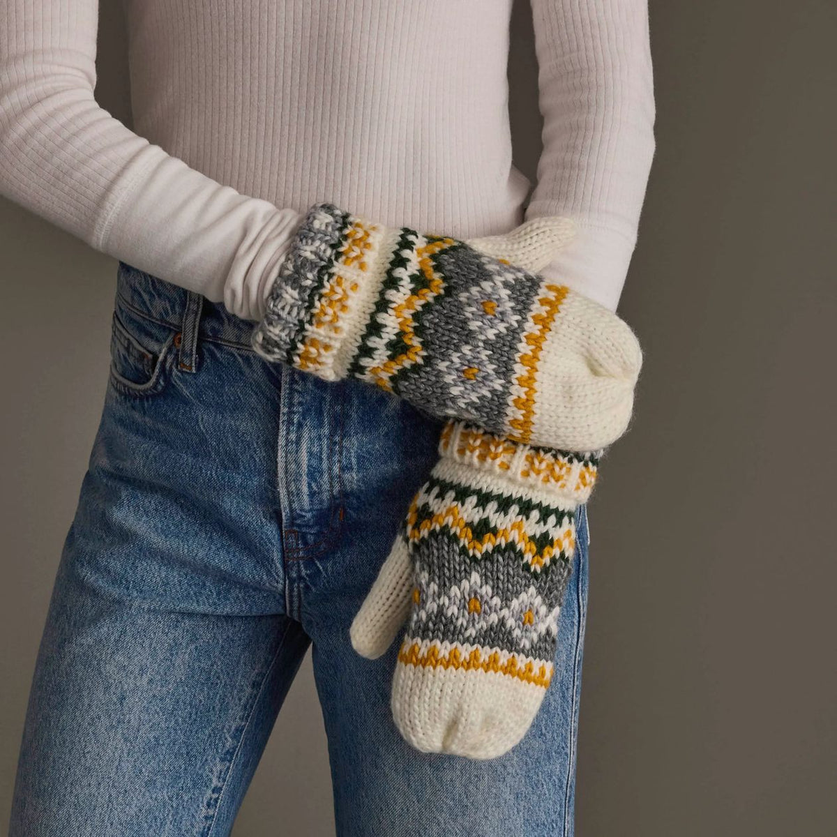 Grey And Gold Patterned Mittens
