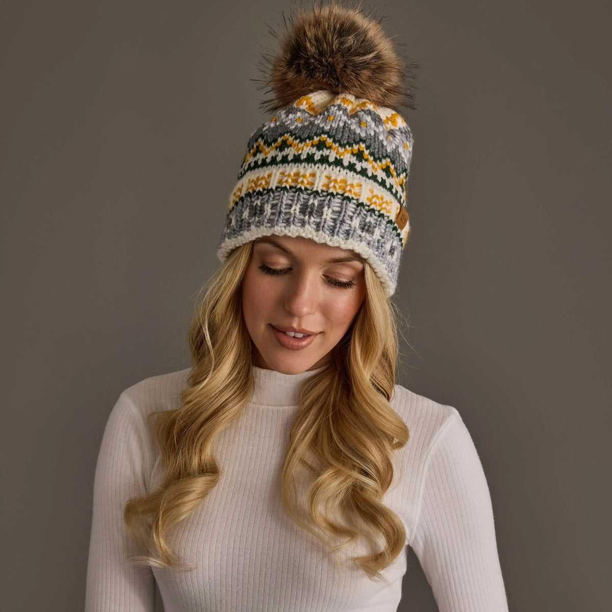 Grey And Gold Patterned Pom Hat