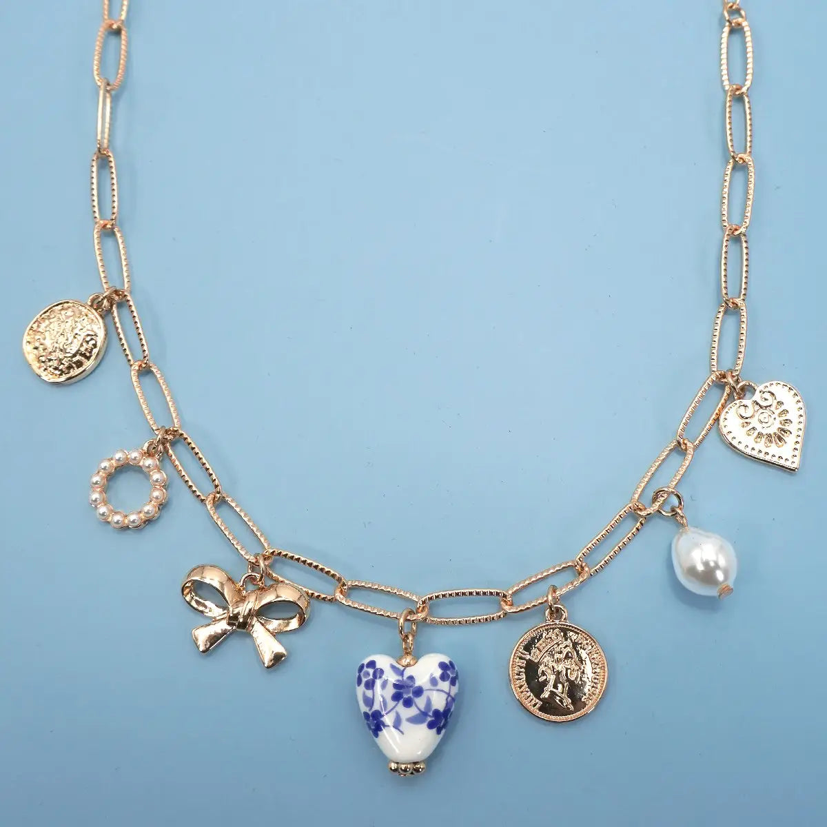 Blue Heart Multi-Charm Chain Necklace