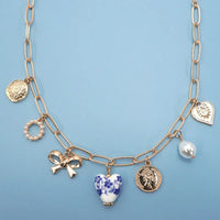 Blue Heart Multi-Charm Chain Necklace