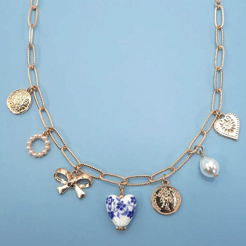 Blue Heart Multi-Charm Chain Necklace