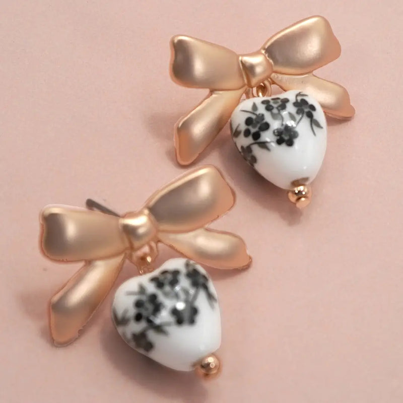 Vintage Porcelain Floral Bow Drop Earrings