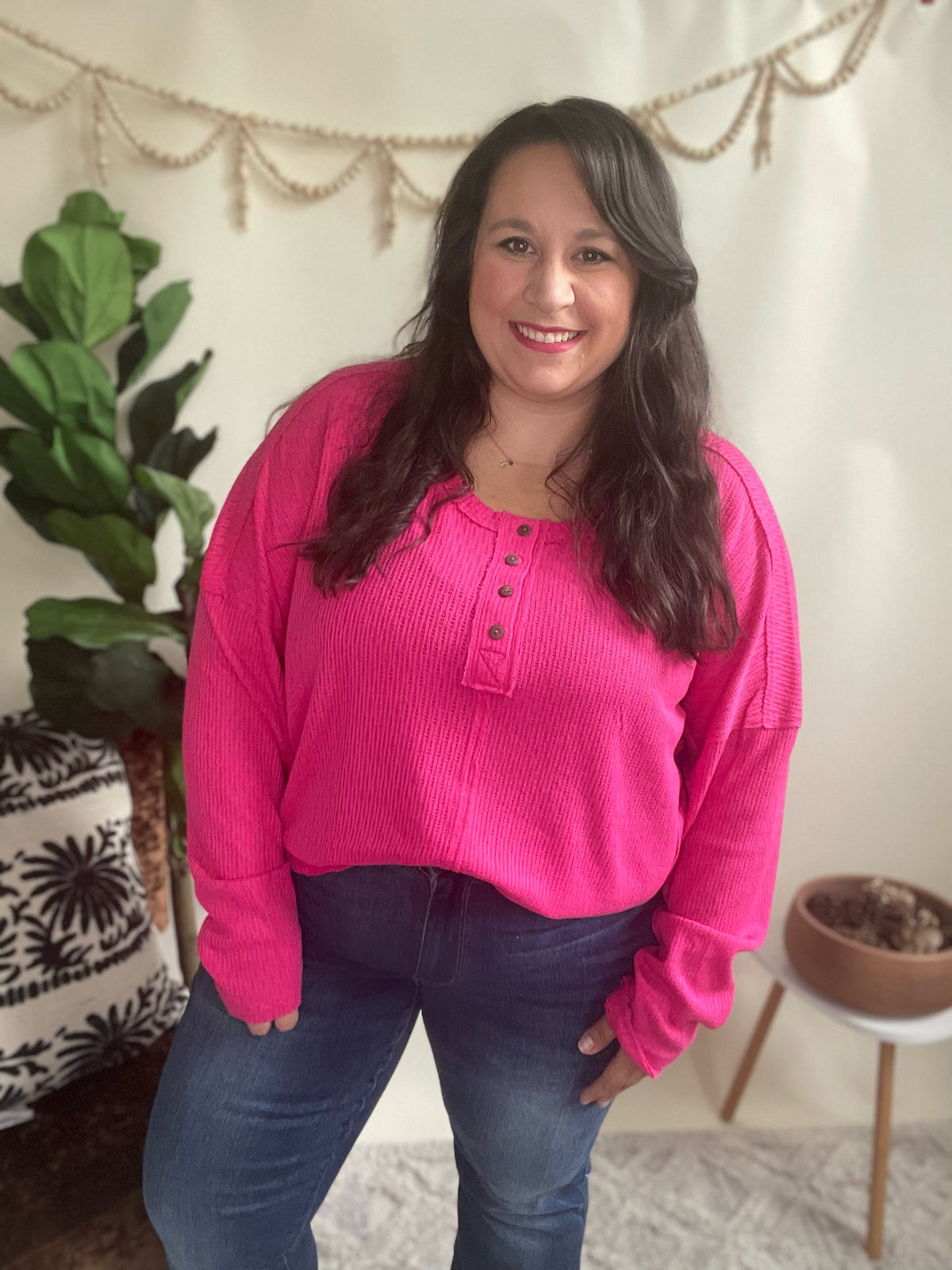 Fuchsia Flair Waffle Long Sleeve Top