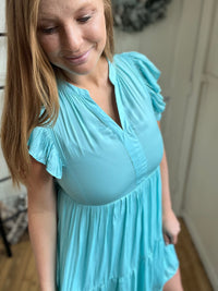 Aqua Satin Tiered Mini Dress