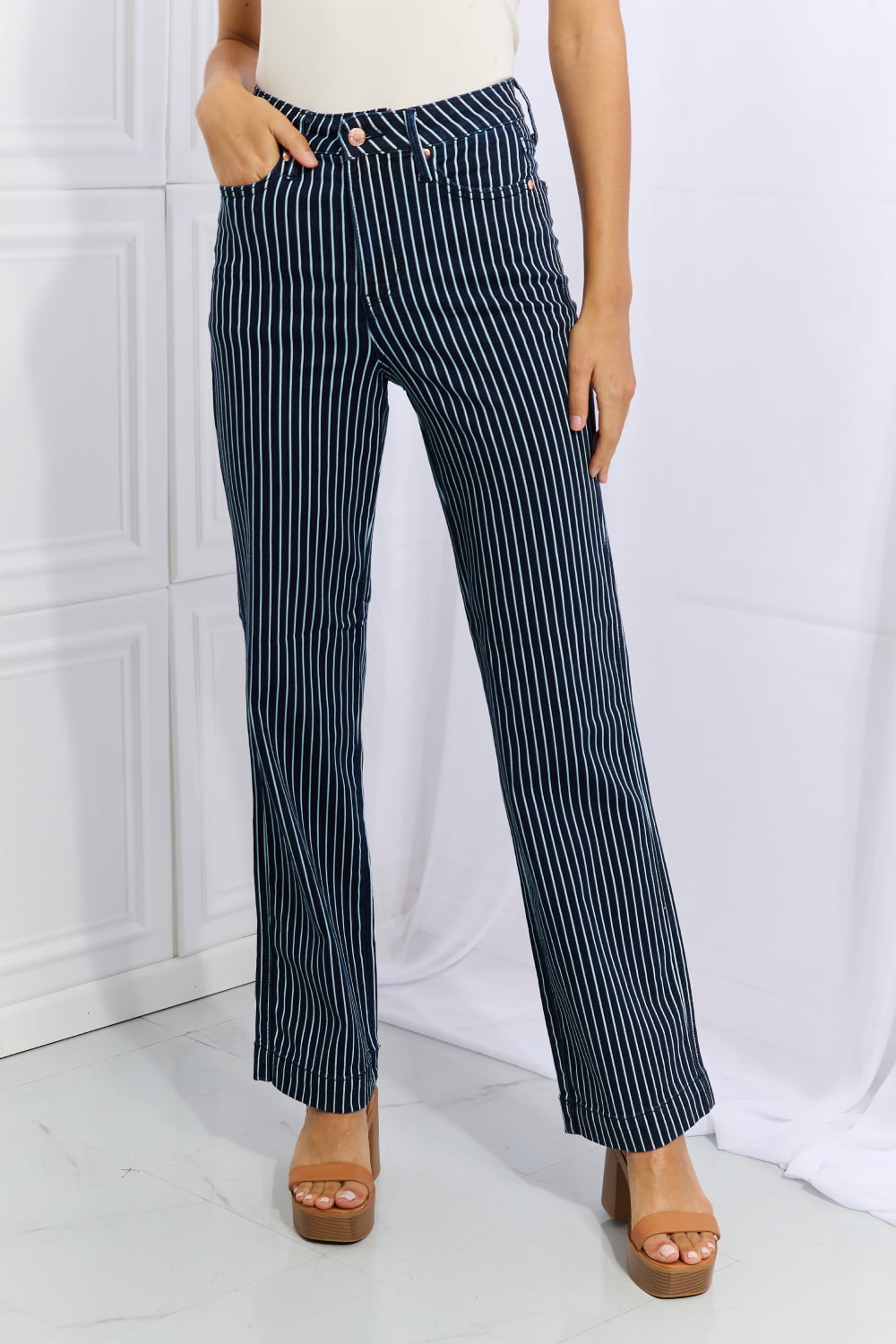 Judy Blue Tummy Control Striped Straight Jeans - Online Only DS