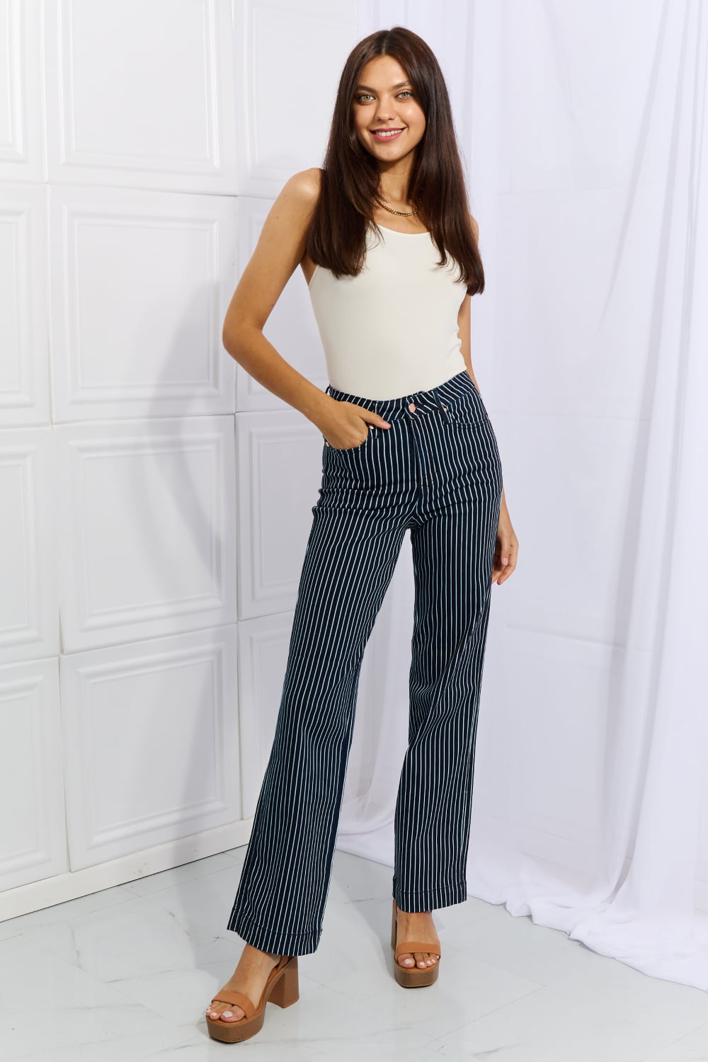Judy Blue Tummy Control Striped Straight Jeans - Online Only DS