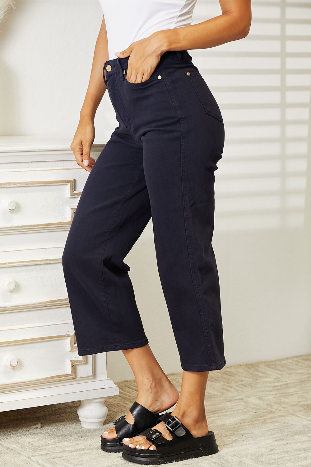 Judy Blue High Waist Tummy Control Navy Wide Cropped Jeans