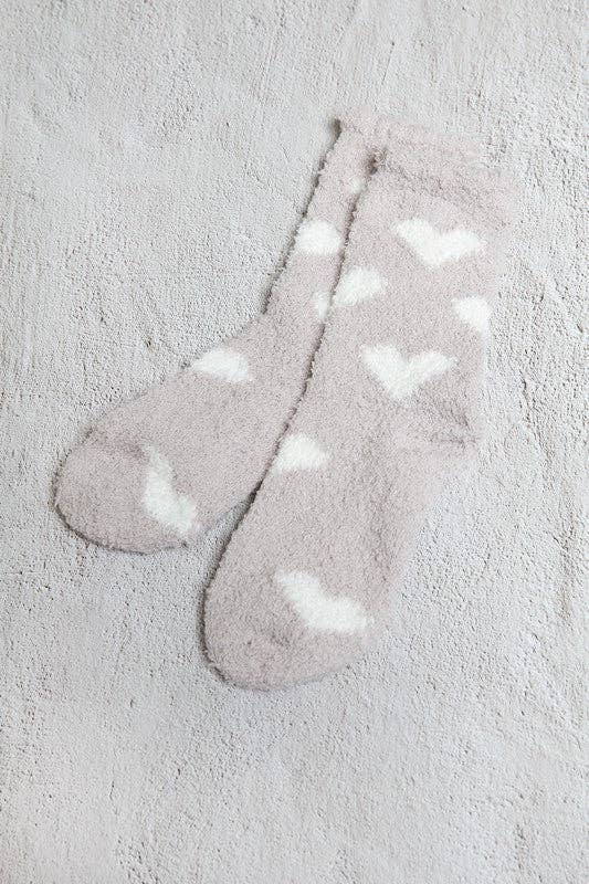 Plush Heart Socks - Taupe + White