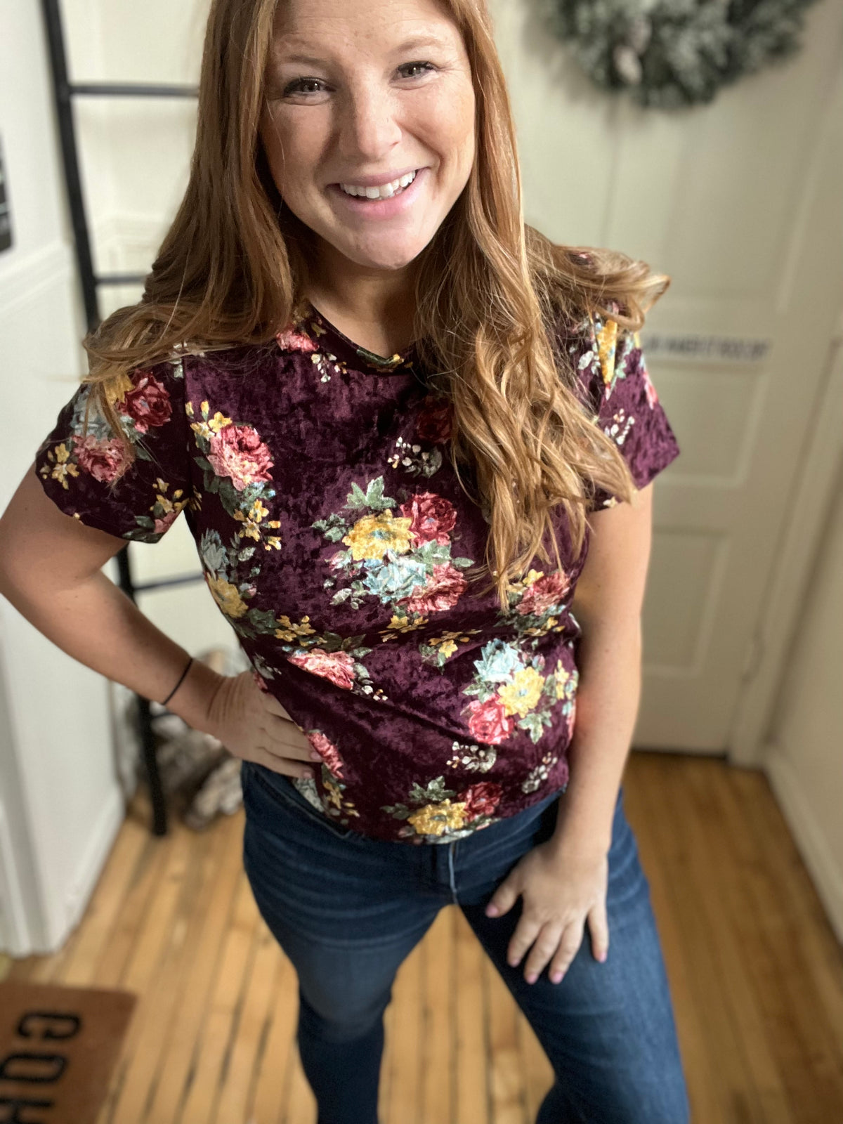 Wine Velvet Floral Top