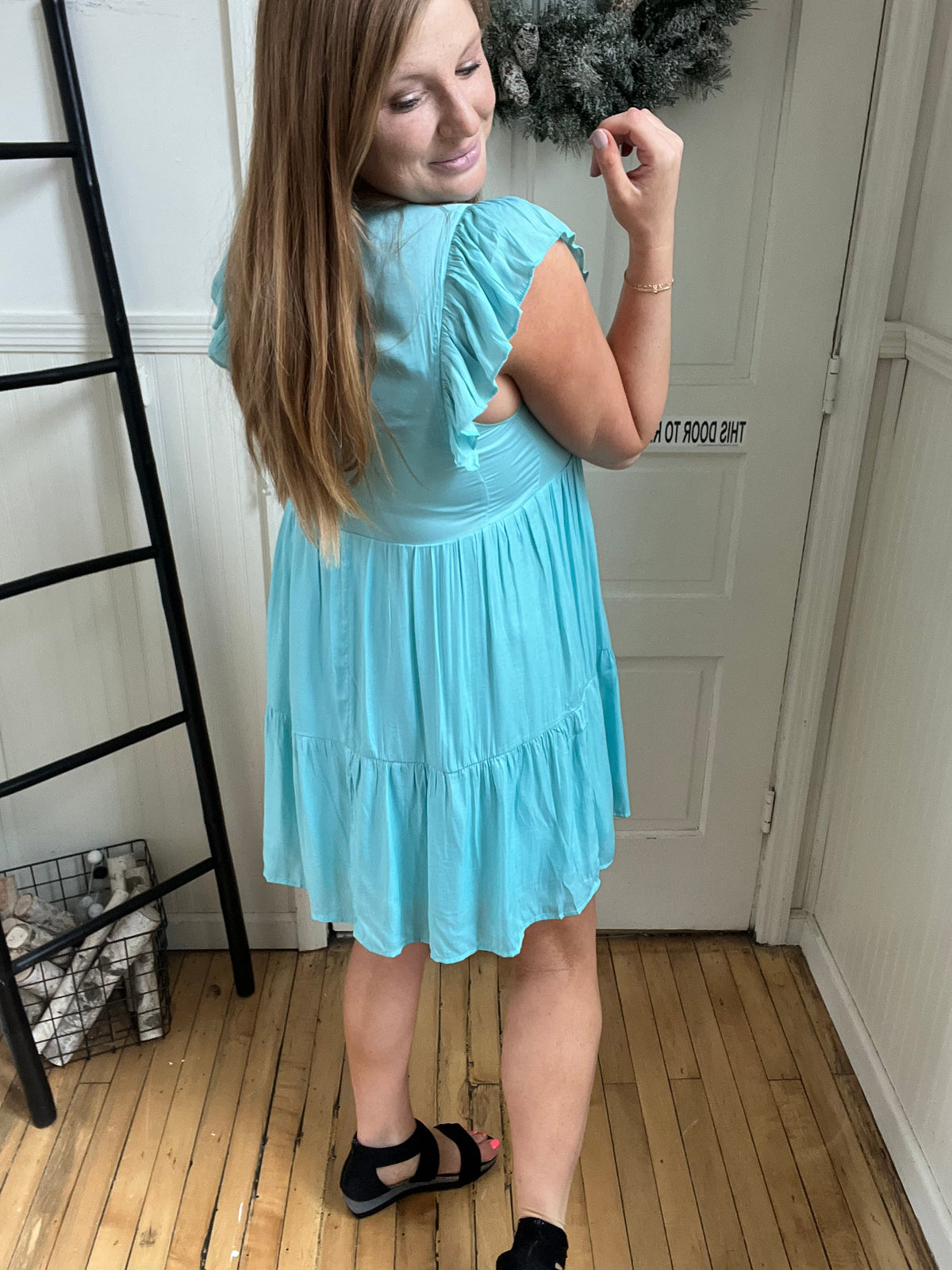 Aqua Satin Tiered Mini Dress