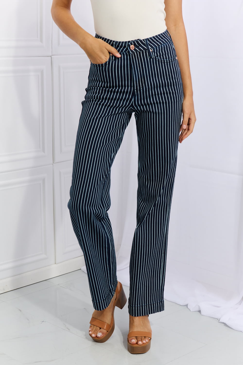 Slim High Waist Trousers - Dark brown/White striped - Ladies | H&M IN