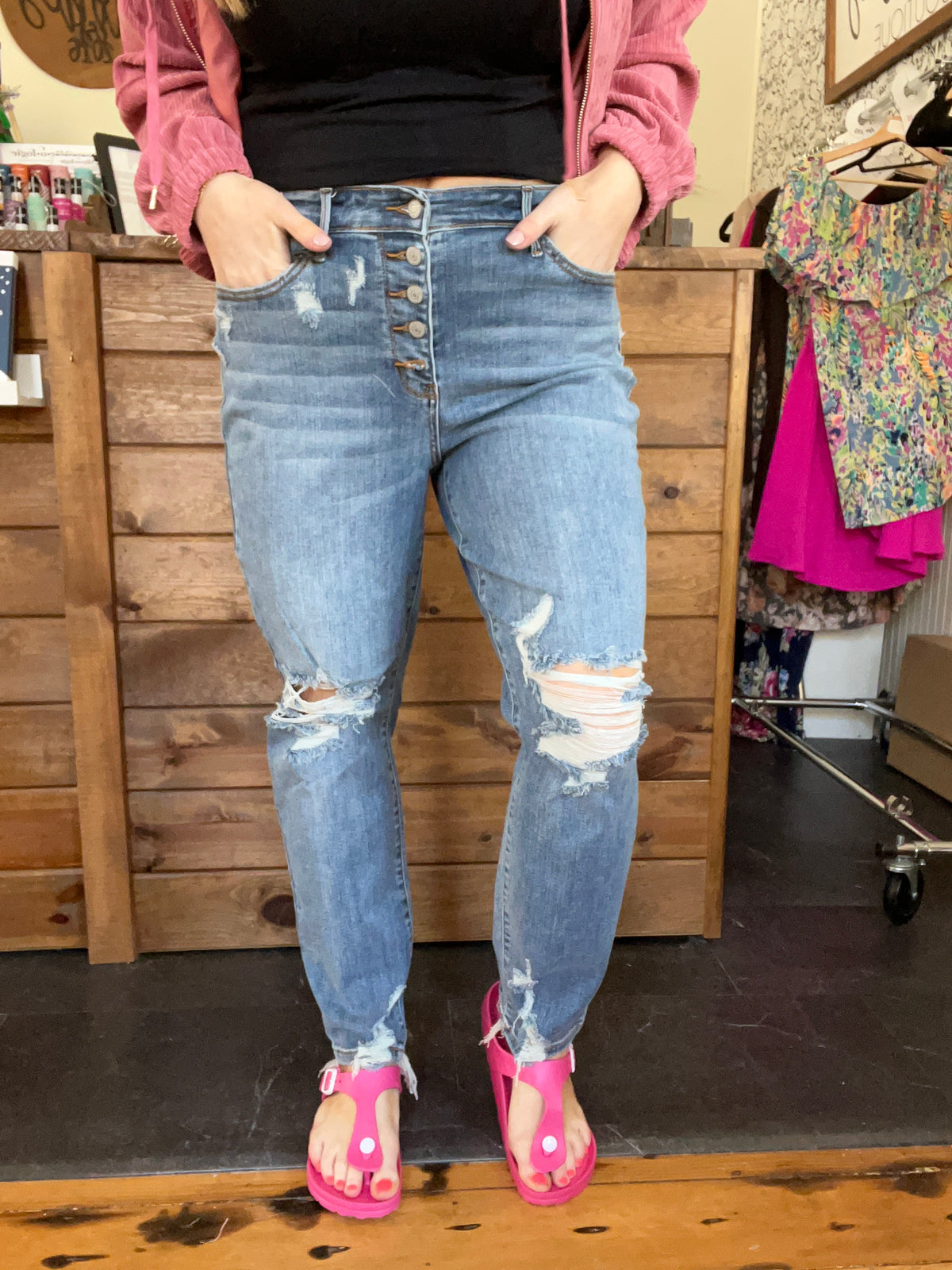 JB High Waisted Button Up Boyfriend Destroyed Jeans