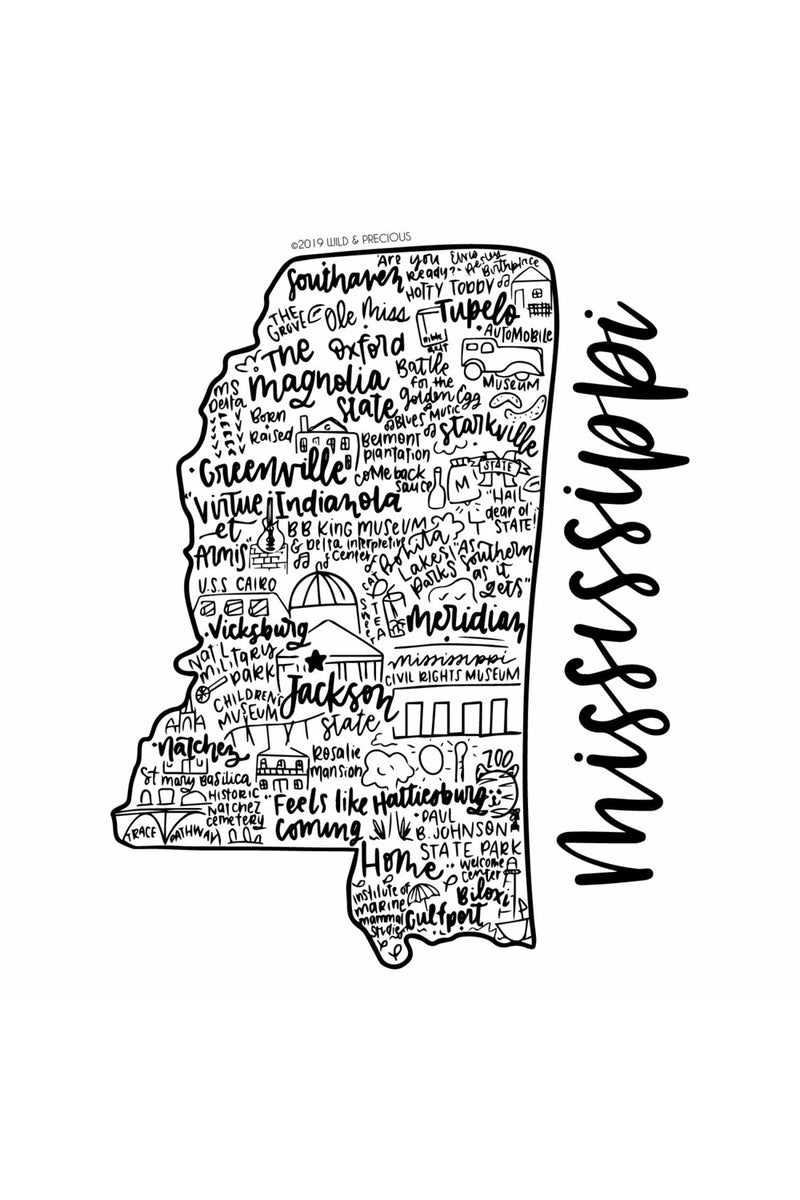 Mississippi State Print -Hand Lettered State Print- Mississippi State Gift-Prints-Wild & Precious