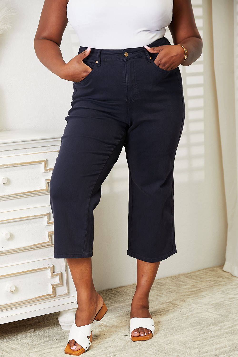 Judy Blue High Waist Tummy Control Garment Dyed Navy Bermuda